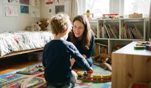 madre mentre sorride felice con suo figlio disabile